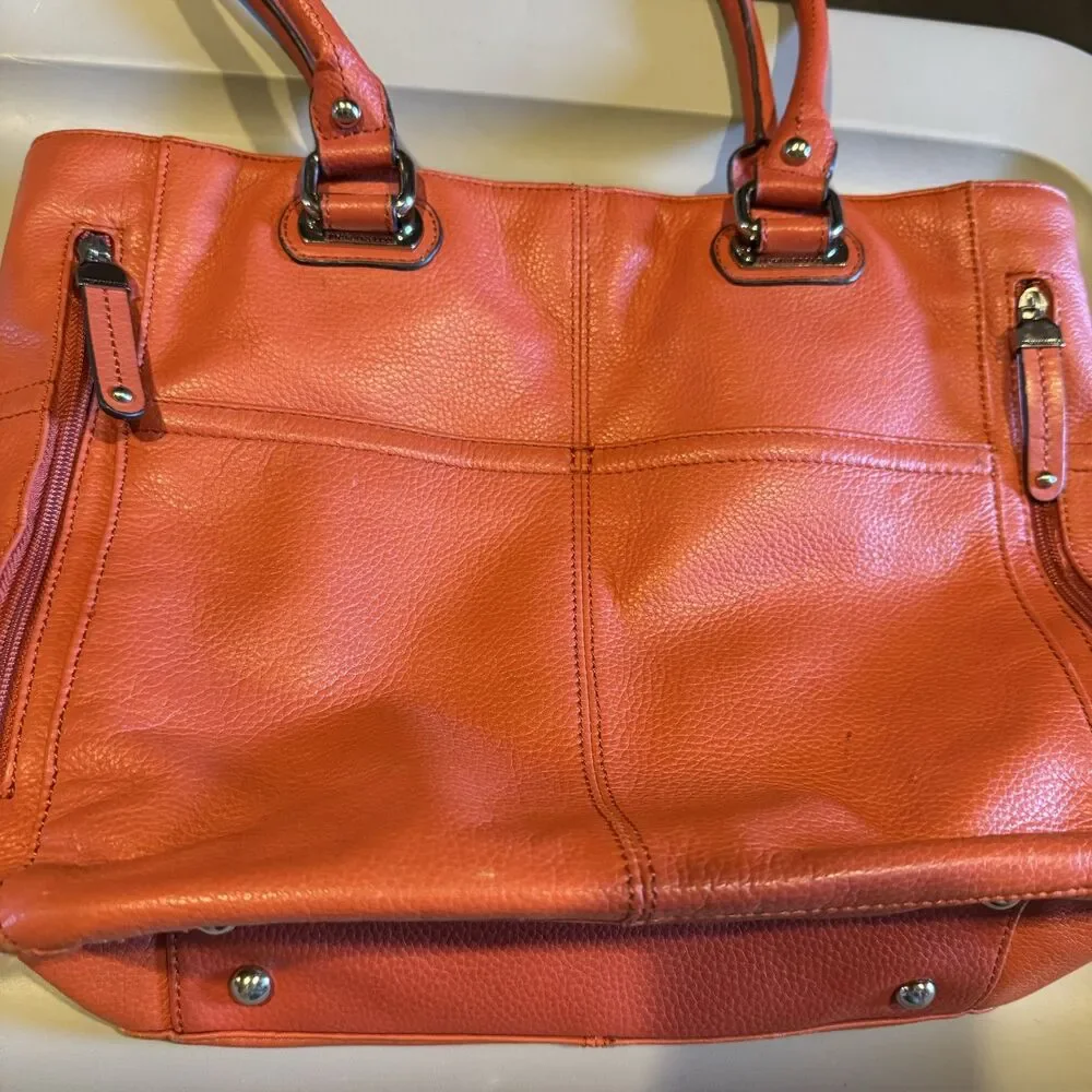 Tignanello Leather Shoulder Bag Pebbled Double Handle Tote Pink Orange 14x11 - Picture 6 of 12